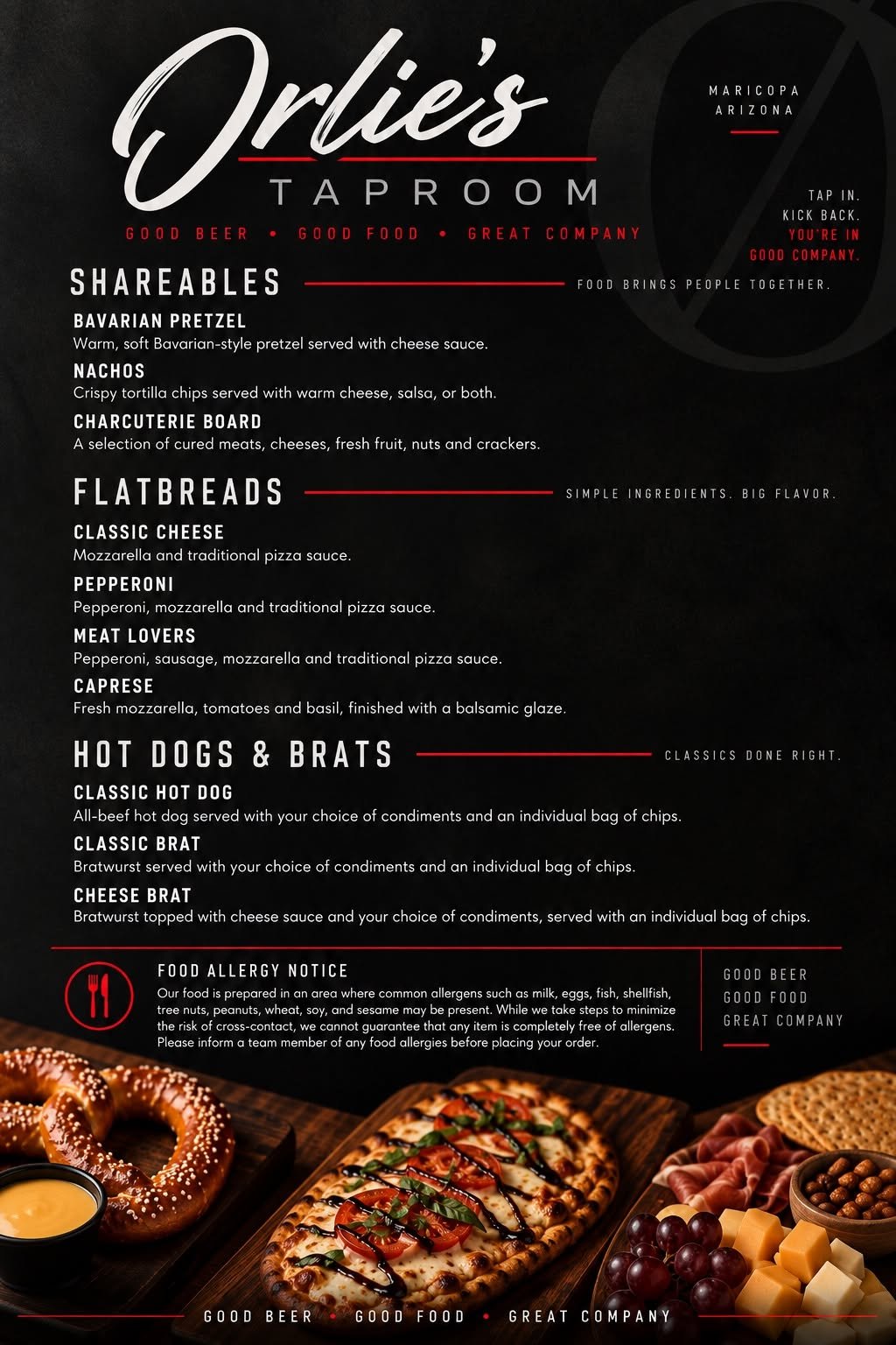 Orlie’s food menu: shareables, flatbreads, hot dogs and brats