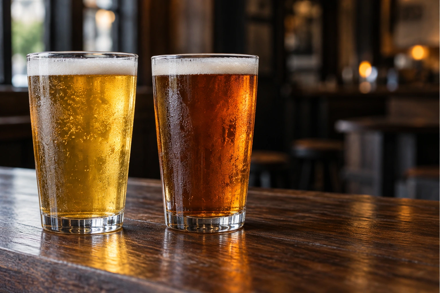Two freshly poured beers in matching pint glasses